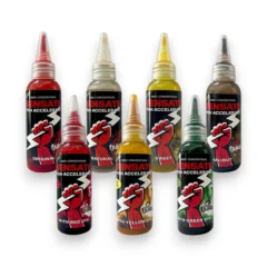 White background showing full range of Fjuka Sensate Fish Accelerant bottles in all colours and flavour variants displayed side by side