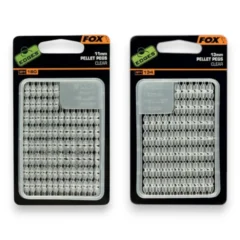 Fox Edges Clear Pellet Pegs shown in both sizes inside packaging on a white background.