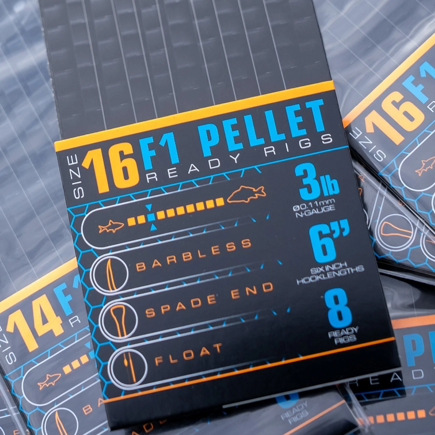 Guru F1 Pellet Barbless Pole Rigs 6" close up showing range of hook sizes in packet