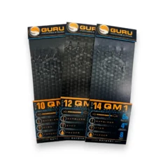Guru QM1 Bayonet Barbless Rigs 4" full range displayed with packaging on a white background