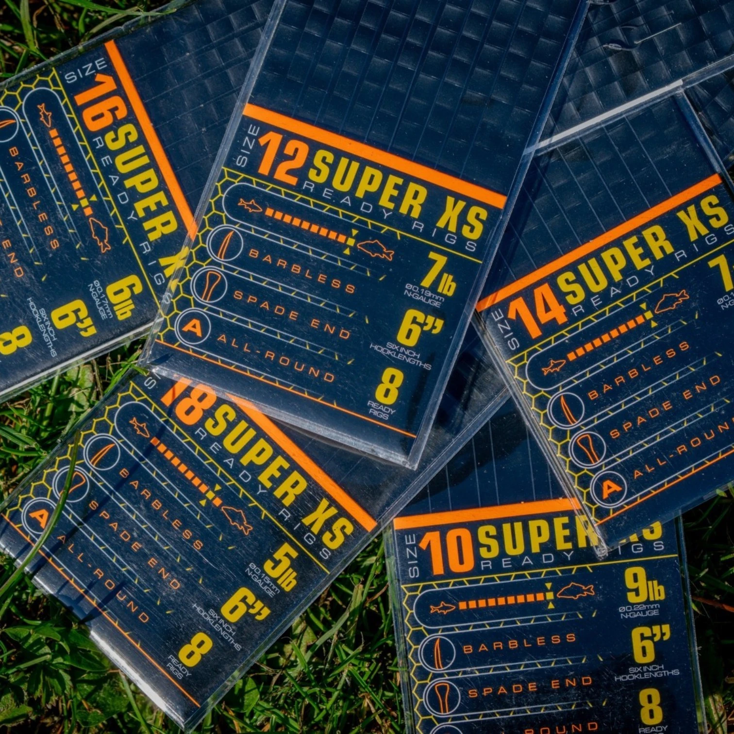 Guru Super XS Barbless Pole Rigs 6" full range laid out on grass