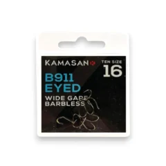 Kamasan B911 Eyed Barbless Hooks pack shown on a white background.