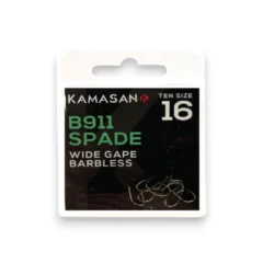 Kamasan B911 Spade Wide Gape Barbless Hooks packet shown on a white background.