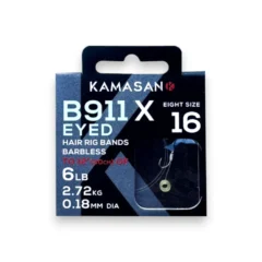 Kamasan B911 X-Strong Eyed Banded Barbless Rigs pack shown on a white background.