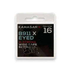 Kamasan B911 X-Strong Eyed Barbless Hooks in packaging shown on a white background.