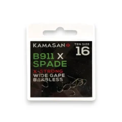 Kamasan B911 X-Strong Spade End Barbless Hooks pack shown on a white background.