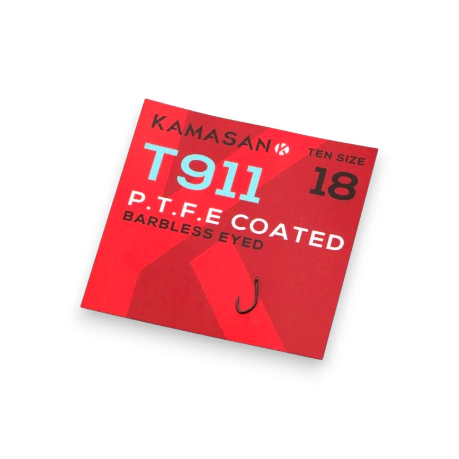 Kamasan T911 P.T.F.E Eyed Barbless Hooks pack shown on a white background.