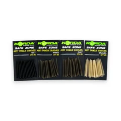Korda Anti Tangle Sleeves shown in all available colours in packaging on a white background.