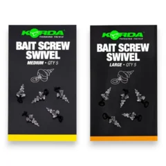 Korda Bait Screw Swivels medium and large in packaging on white background showing carp fishing rig bait screw products