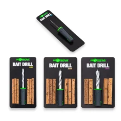 Korda Bait Drills full range of sizes in packaging shown on a white background.