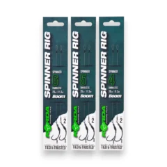 Korda Barbless Spinner Rigs shown in the full range of hook patterns and sizes in packaging on a white background.