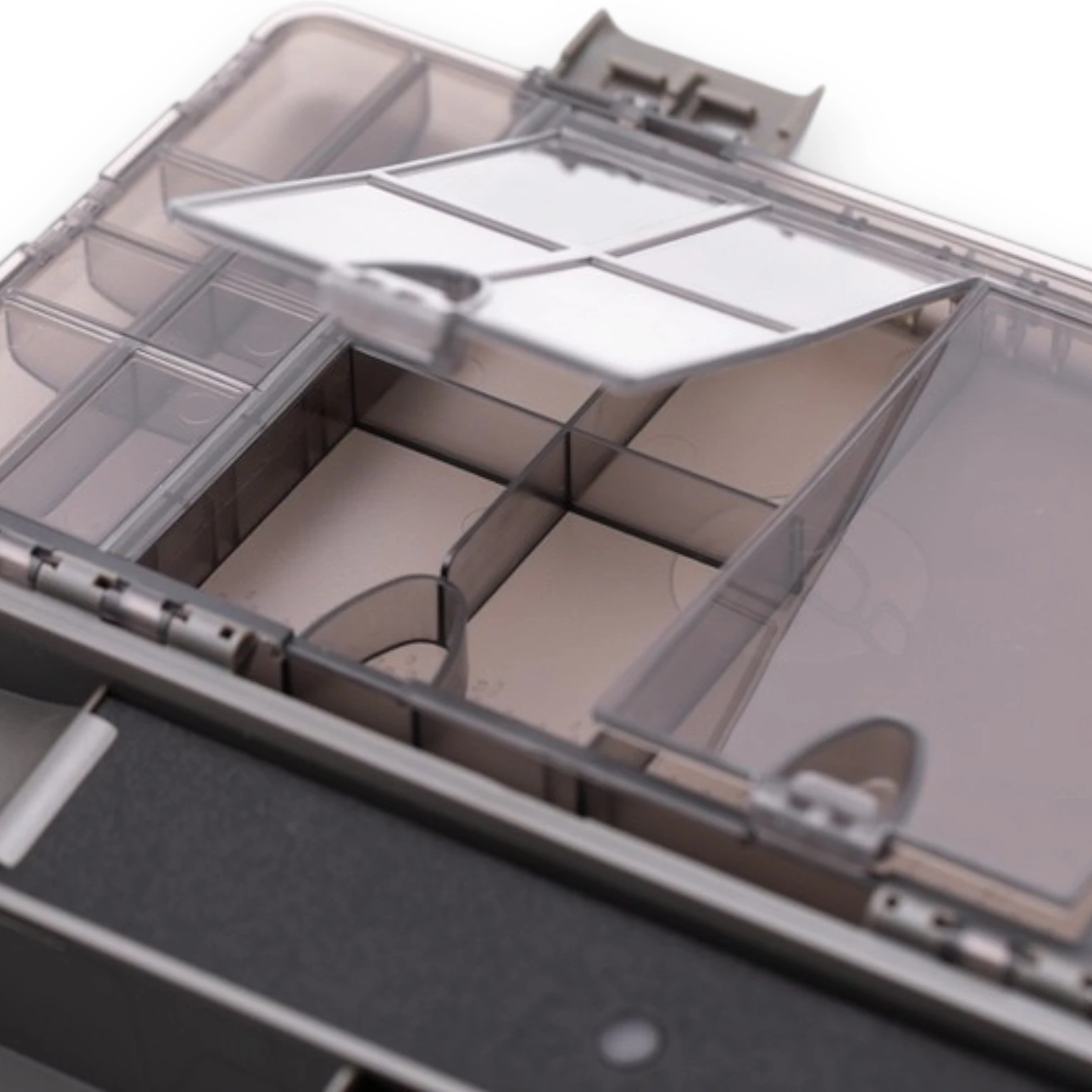 Close-up of an internal section of the Korda Basix Tackle Box shown on a white background