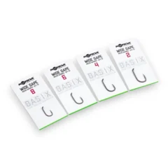 Korda Basix Wide Gape Barded Hooks shown as a full range in original retail packaging on a white background