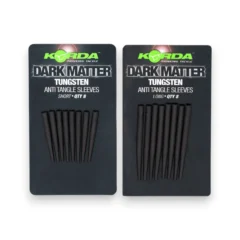 Korda Dark Matter Tungsten Anti Tangle Sleeves shown in both Short and Long versions in packaging on a white background.