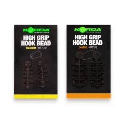 Korda High Grip Hook Beads shown in both Medium and Large sizes with packaging on a white background.
