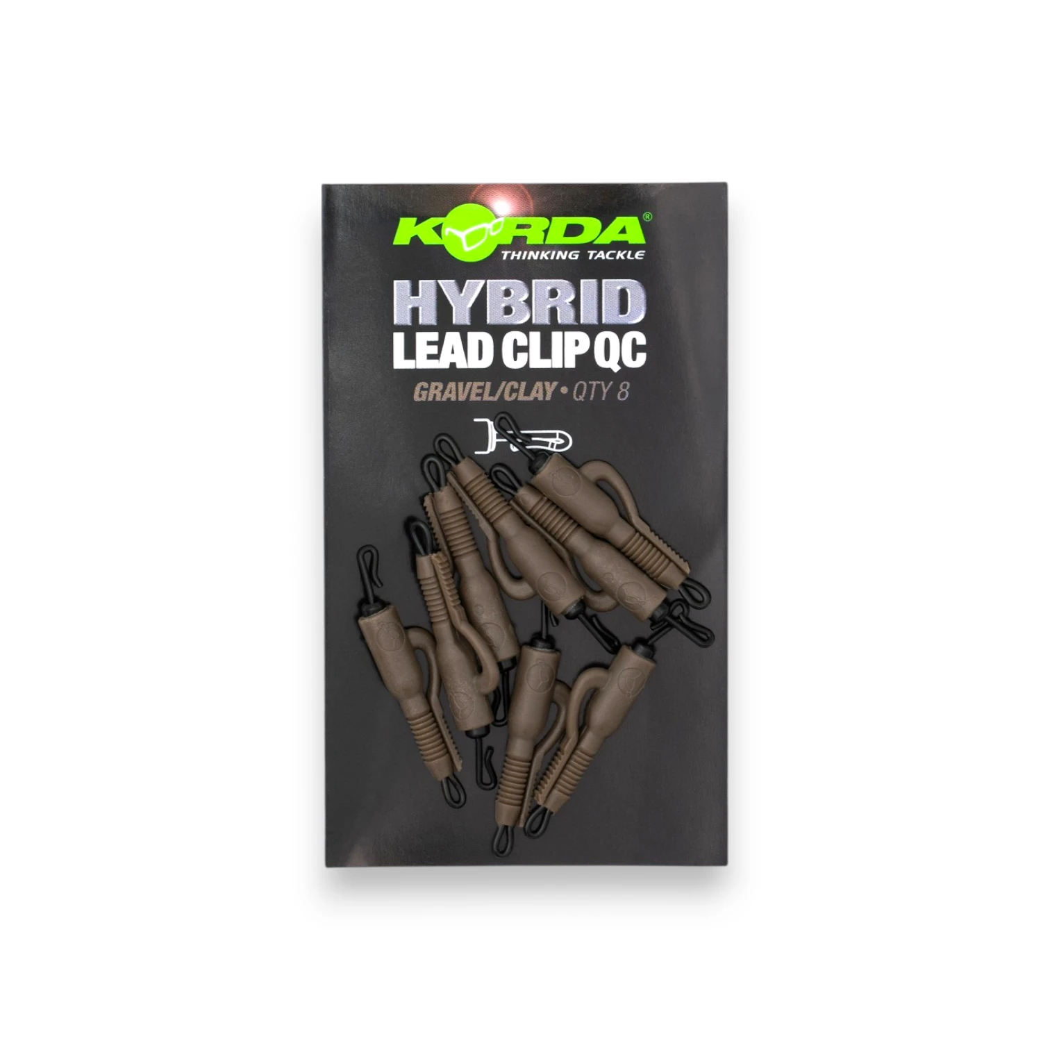 Korda Hybrid Lead Clip QC Swivels Gravel/Clay in packaging shown on a white background.