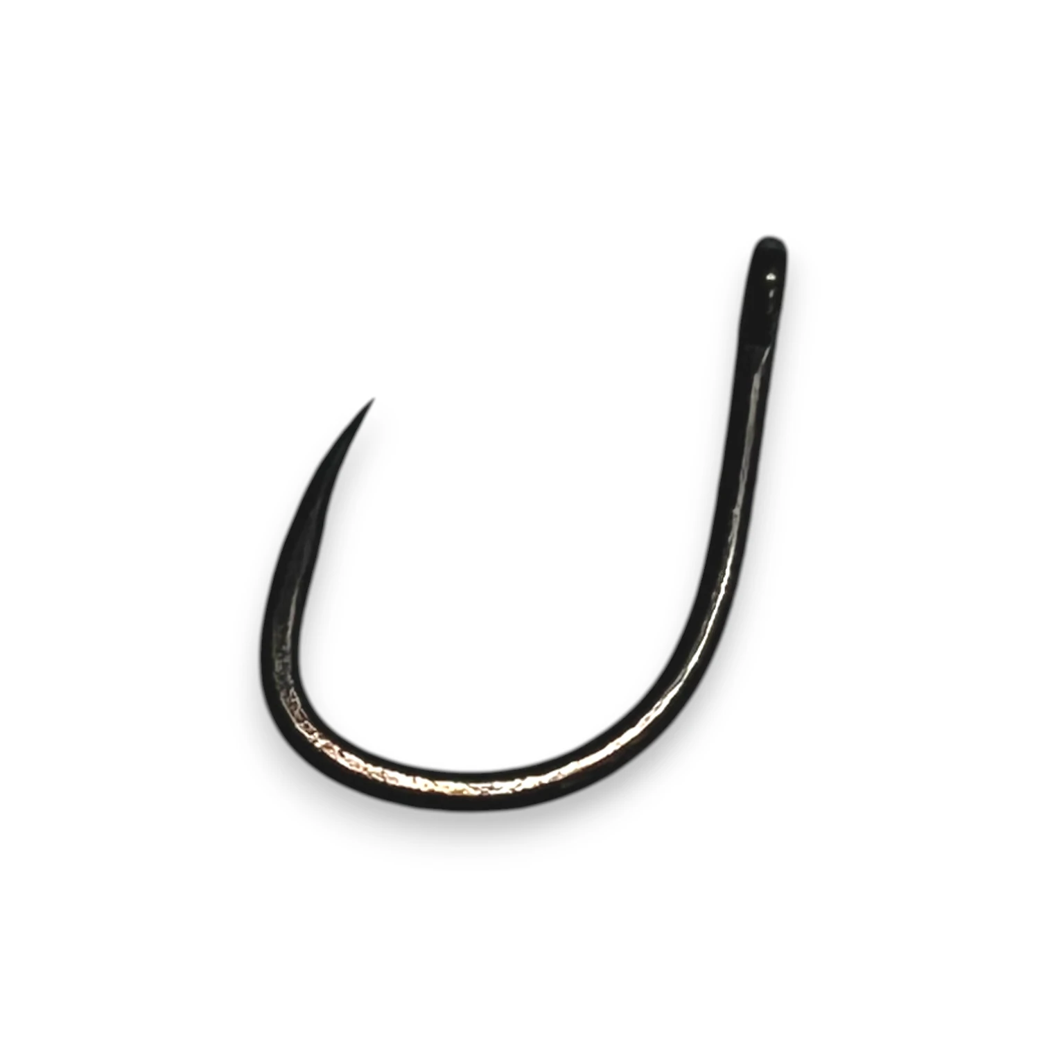 Close up of Korda Mixa Barbless Hook on white background showing sharp beaked point carp fishing hook detail