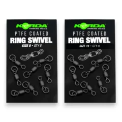 Korda PTFE Ring Swivels range in packaging on white background showing carp fishing rig swivel sizes