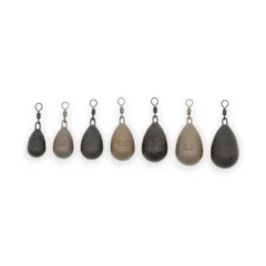 Korda Pear Swivel leads shown displaying the full range of weights on a white background.
