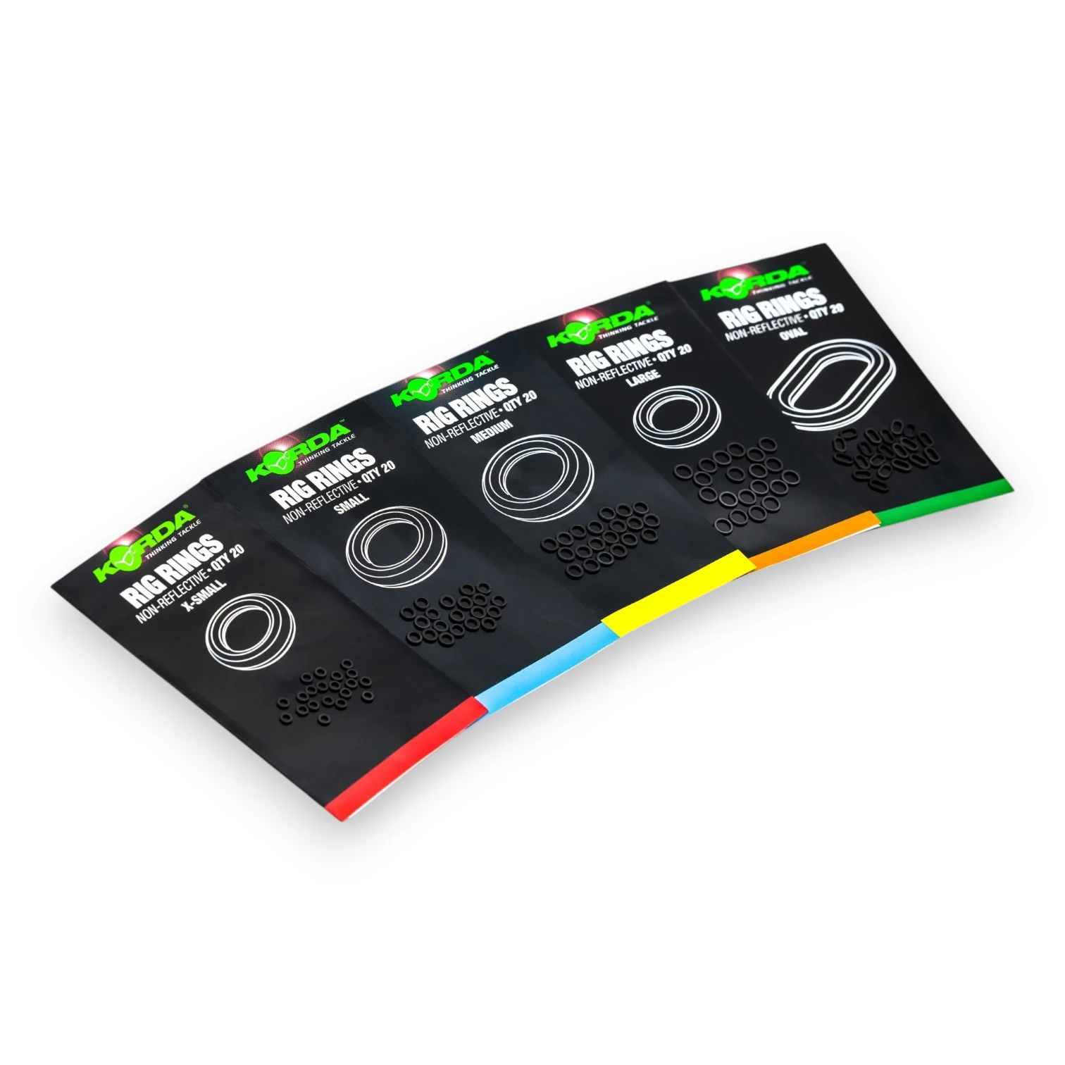 Korda Rig Rings full range of sizes in packaging shown on a white background.