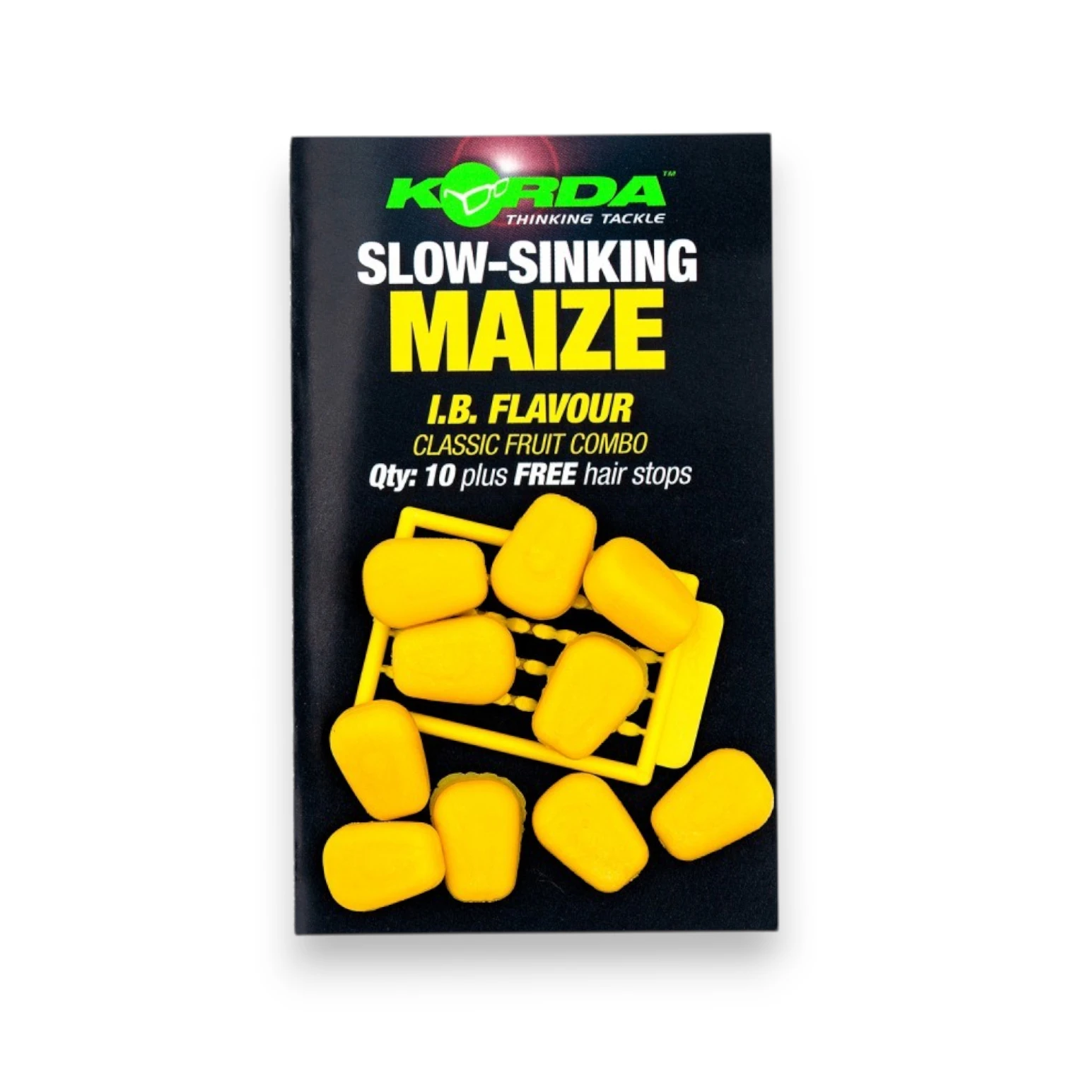 Korda Slow Sinking Maize Yellow IB in packaging on white background showing artificial carp fishing hookbait