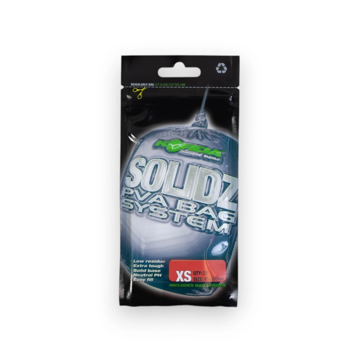Korda Solidz PVA Bags XS in packaging on white background showing small carp fishing PVA bags
