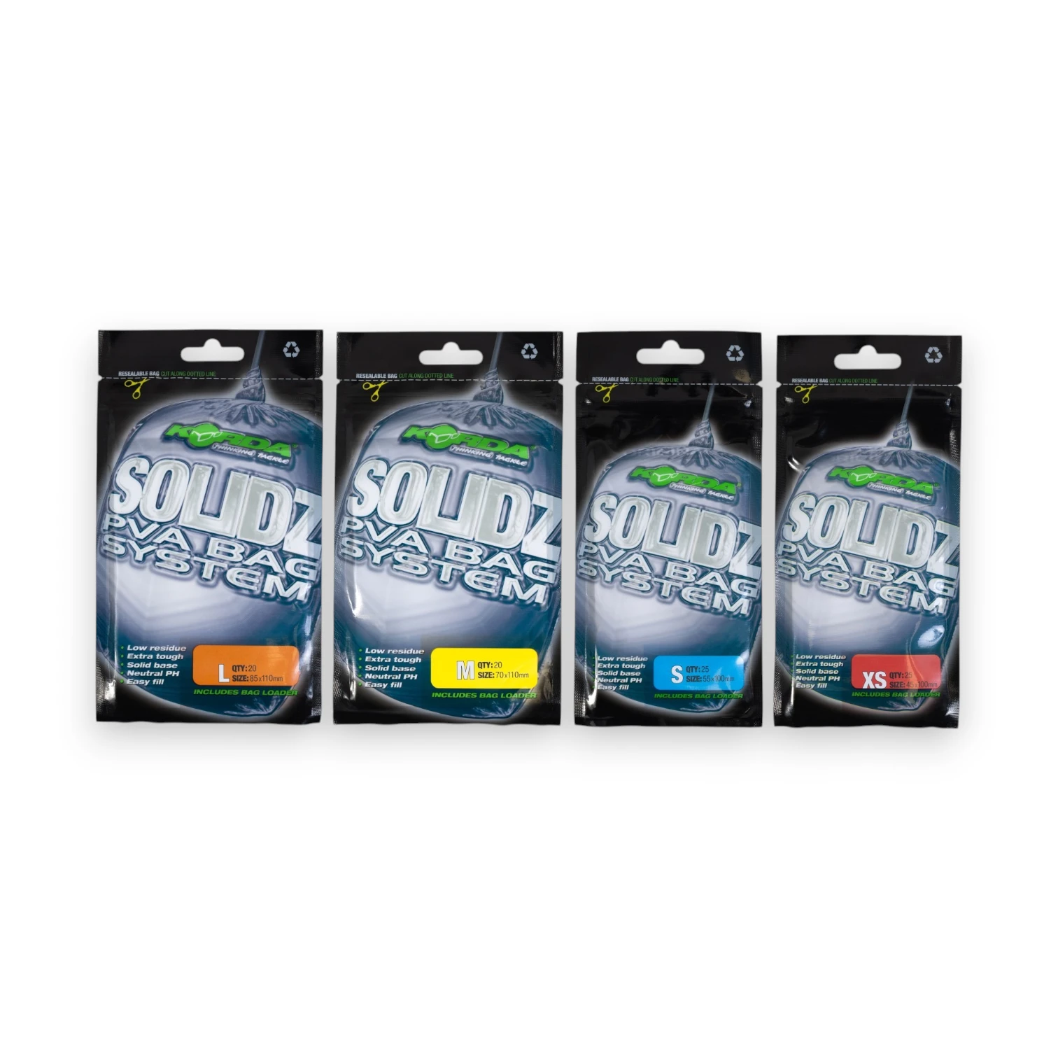 Korda Solidz PVA Bags full range in packaging on white background showing carp fishing PVA bag sizes XS Small Medium Large
