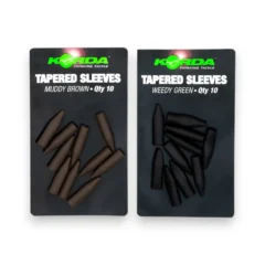 Korda Tapered Silicone Sleeves in Weedy Green and Muddy Brown shown in original packaging on a white background