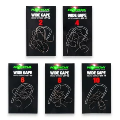 Korda Wide Gape Barbed Hooks full range shown in original packaging on a white background