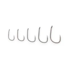 Close-up of Korda Wide Gape Barbless Hooks in multiple sizes on a white background