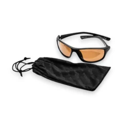 Korda Wrap Standard Black Sunglasses with soft carry case on white background showing polarised fishing eyewear set