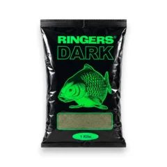 Ringers Dark Groundbait 1kg coarse fishing groundbait in a black bag with green carp design on a white background.