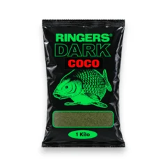 Ringers Dark Coco Groundbait 1kg coarse fishing groundbait in a black bag with green carp design and red Coco label on a white background.