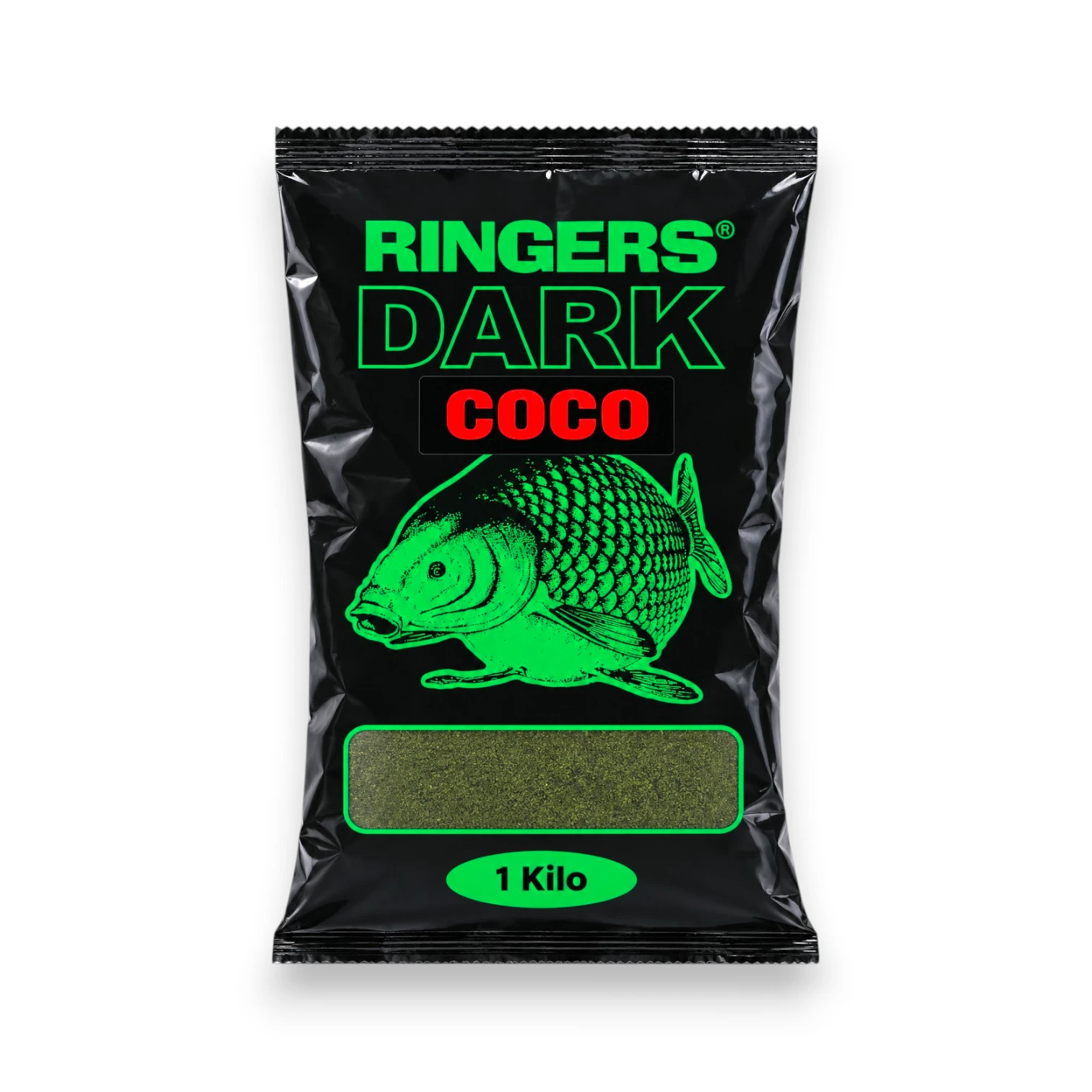Ringers Dark Coco Groundbait 1kg coarse fishing groundbait in a black bag with green carp design and red Coco label on a white background.