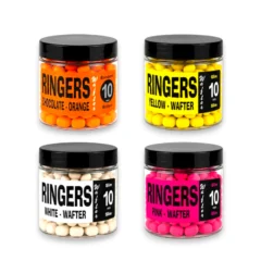 Ringers Wafters 10mm collection featuring Chocolate Orange, Yellow, White and Pink hookbaits in front-facing tubs on a white background.