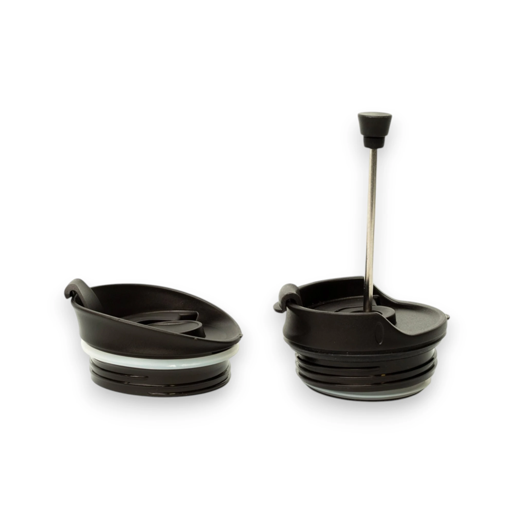 Trakker Armolife Thermal Coffee Press Mug showing both the plunger lid and spill-resistant lid on a white background