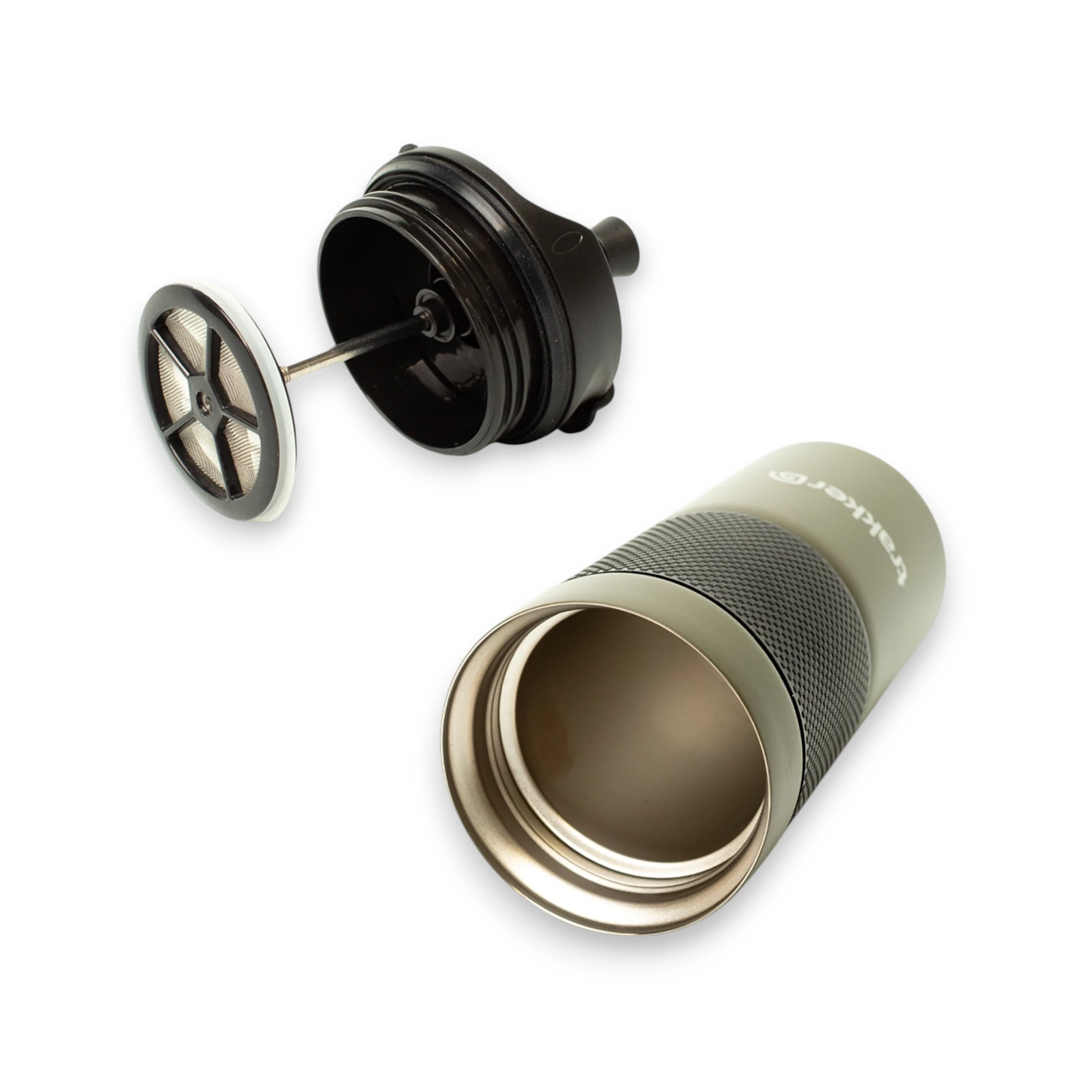 Trakker Armolife Thermal Coffee Press Mug showing the inside of the mug and lid on a white background