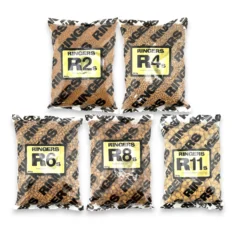 Ringers Premium Coarse Pellets range including R2s, R4s, R6s, R8s and R11s 900g on a white background