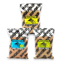 Ringers coarse fishing groundbait range featuring Bream Supreme, Mega Mix and Sweet Fishmeal 1kg bags