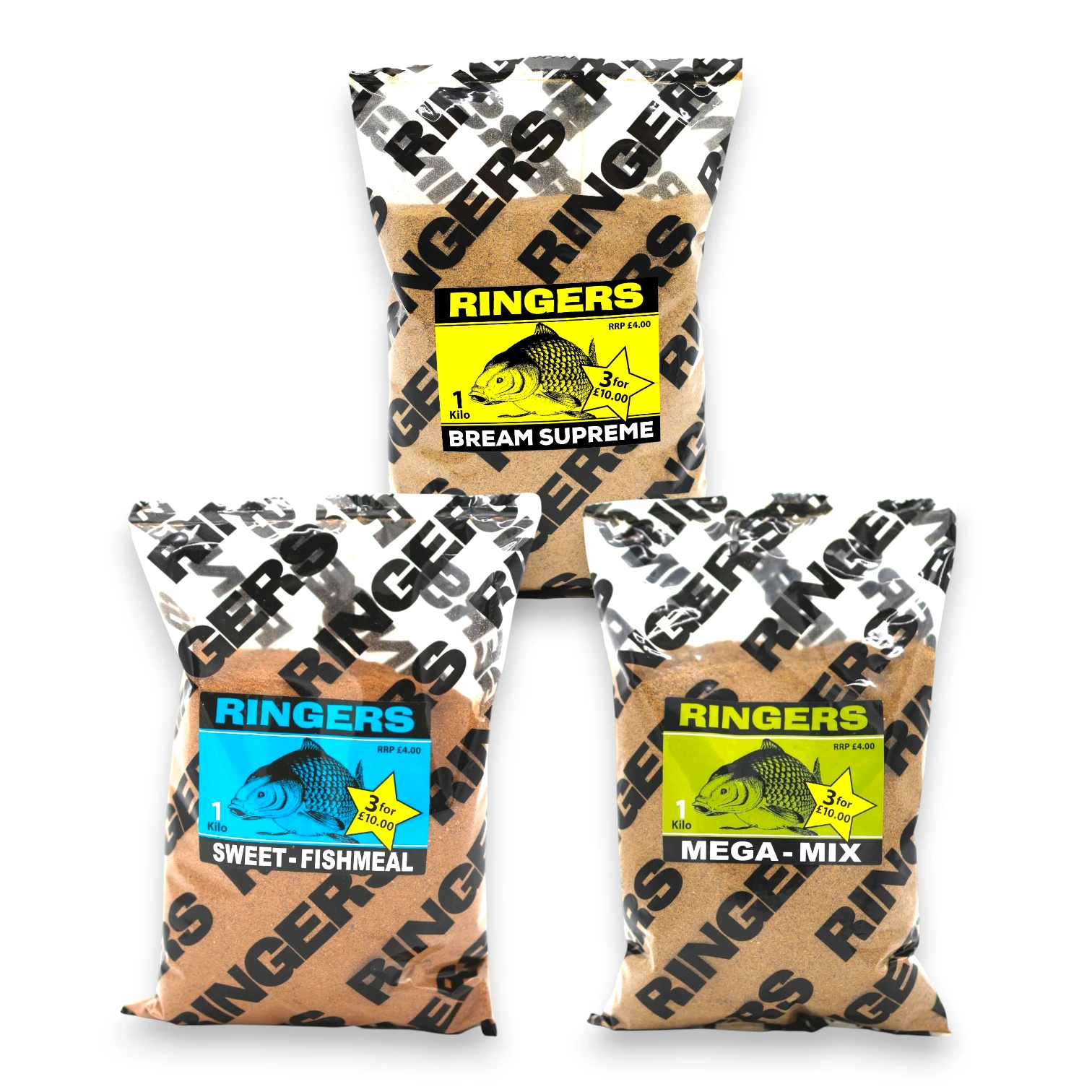 Ringers coarse fishing groundbait range featuring Bream Supreme, Mega Mix and Sweet Fishmeal 1kg bags