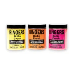Ringers Boilie Crush range including Chocolate Yellow, Chocolate Orange and Chocolate Pink on a white background