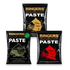 Ringers Bag-Up Paste range featuring the Original, Green and Red paste groundbait variants on a white background.