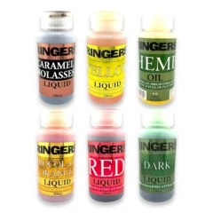 Ringers 250ml liquid attractants collection including Caramel Molasses Liquid, Yellow Liquid, Hemp Oil, Chocolate Orange Liquid, Red Liquid and Dark Liquid.