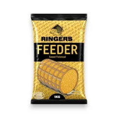 Ringers Feeder Sweet Fishmeal 1kg groundbait in a black and gold bag on a white background.
