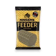 Ringers Feeder Sweet Fishmeal Black F1 groundbait in a black and gold bag on a white background.
