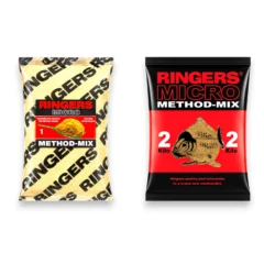 Ringers Micro Method Mix range featuring the 1kg and 2kg method groundbait bags on a white background.