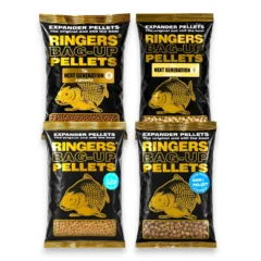 Ringers Bag-Up Pellets and Next Generation Expander Pellets collection featuring 4mm, 4.5mm Cool Water, 6mm Next Generation and 6mm Cool Water carp fishing pellets