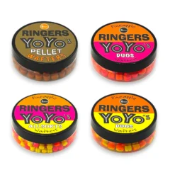 Ringers YoYo's hookbait collection featuring Pellet Wafters, Wafter Chocolate-Orange Duos, Allsorts Wafters Pineapple and Duos Wafters Pineapple on a white background