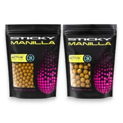 Sticky Baits Manilla Active shelf life boilies available in 12mm and 16mm sizes on a white background
