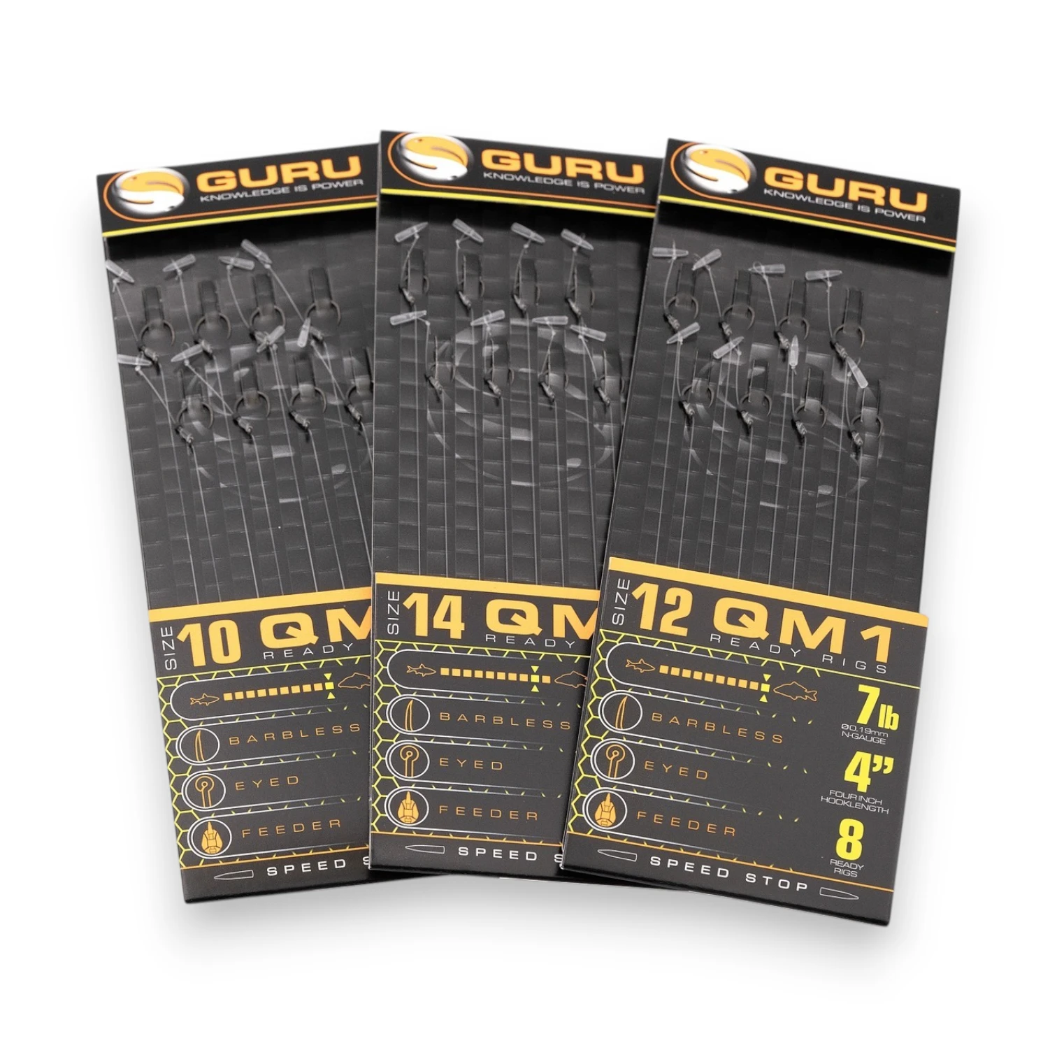 Guru QM1 Speed Stop Barbless Rigs 4" full range displayed in original packaging on a white background